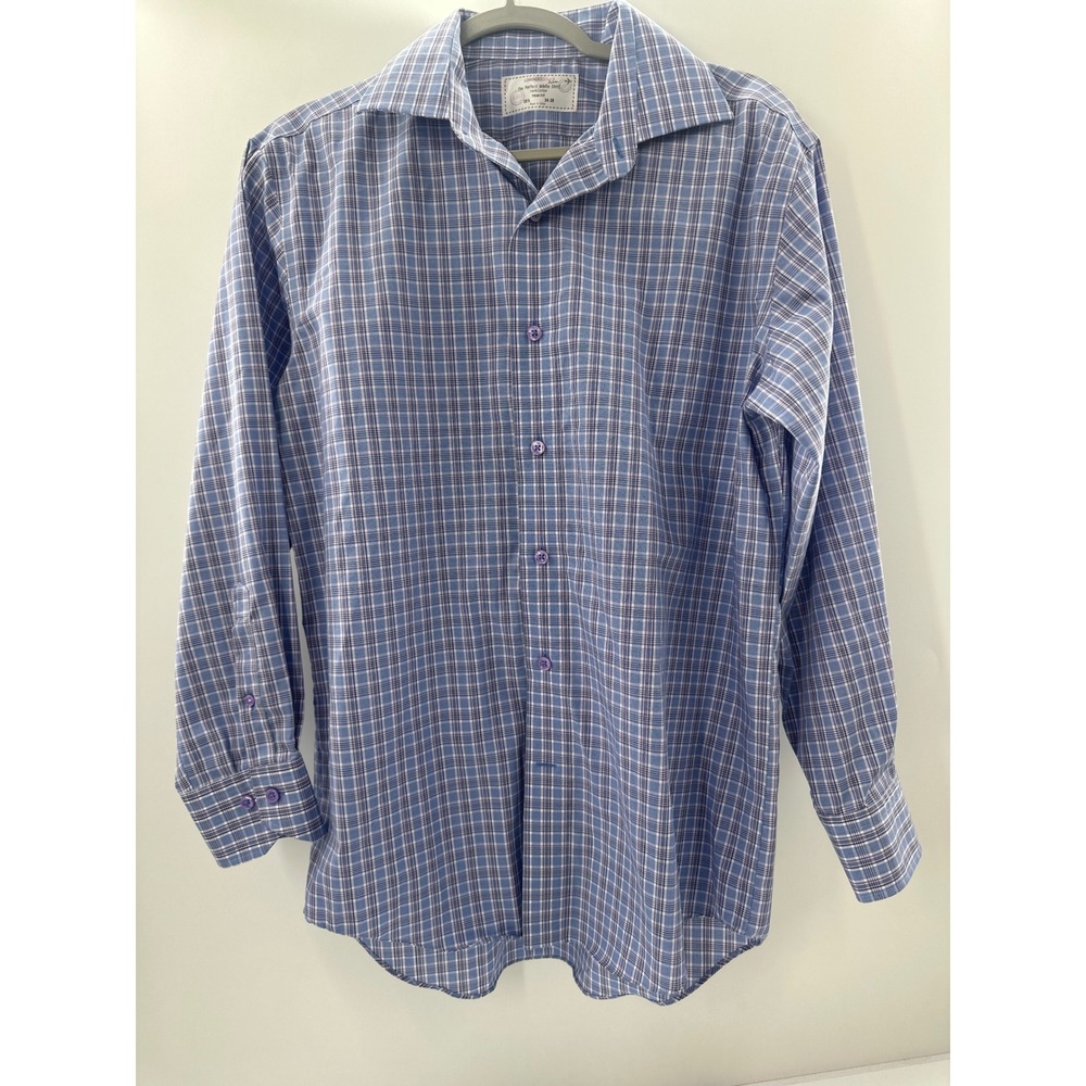 Lorenzo Uomo Mens Blue Purple Plaid Trim Fit Dress Shirt 15.5 34-35 Cotton